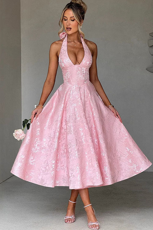 Maxi Dress Womens Halter Neck Deep V Full Skirt Textured Wedding Guest