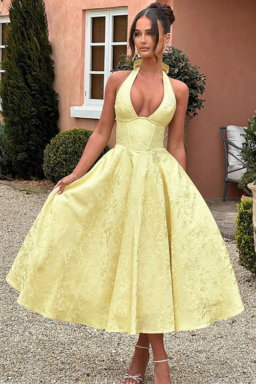 Maxi Dress Womens Halter Neck Deep V Full Skirt Textured Wedding Guest
