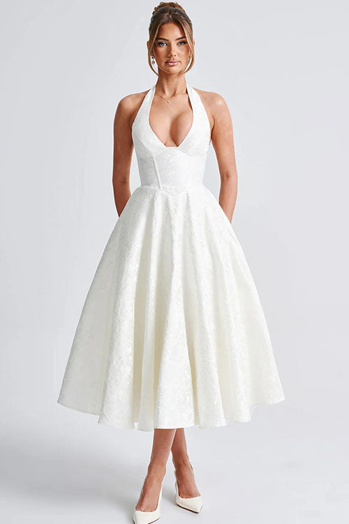 Maxi Dress Womens Halter Neck Deep V Full Skirt Textured Wedding Guest
