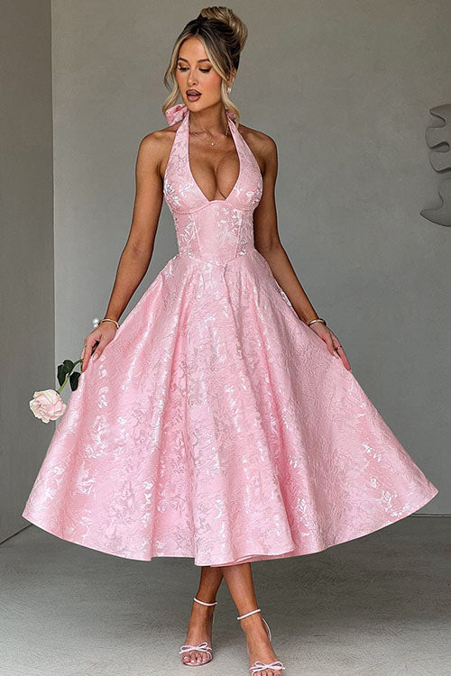 Maxi Dress Womens Halter Neck Deep V Full Skirt Textured Wedding Guest