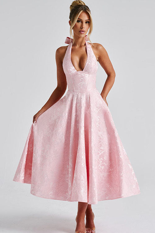 Maxi Dress Womens Halter Neck Deep V Full Skirt Textured Wedding Guest