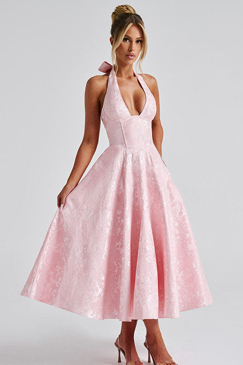 Maxi Dress Womens Halter Neck Deep V Full Skirt Textured Wedding Guest