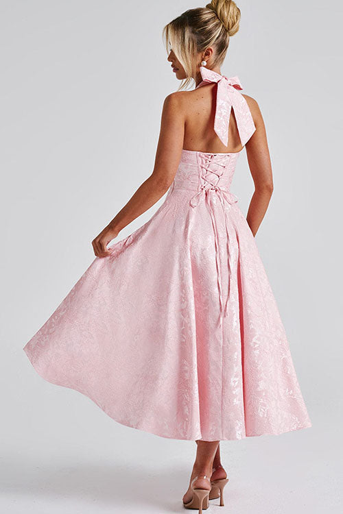 Maxi Dress Womens Halter Neck Deep V Full Skirt Textured Wedding Guest