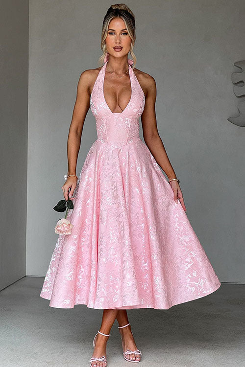 Maxi Dress Womens Halter Neck Deep V Full Skirt Textured Wedding Guest