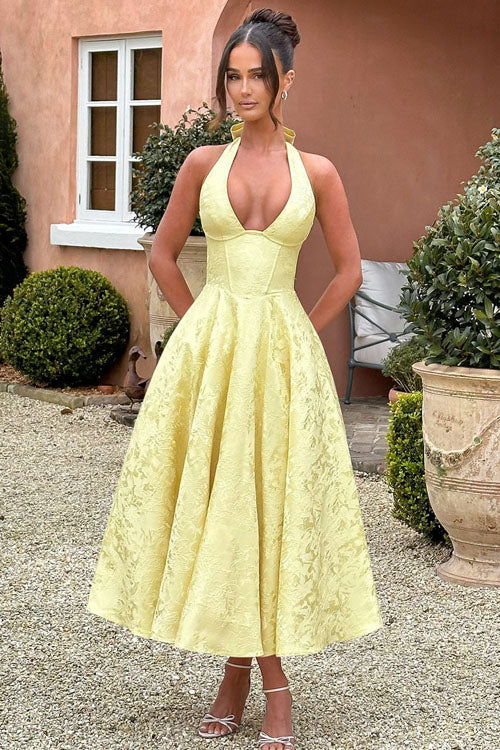 Maxi Dress Womens Halter Neck Deep V Full Skirt Textured Wedding Guest