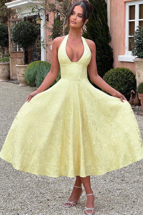 Maxi Dress Womens Halter Neck Deep V Full Skirt Textured Wedding Guest