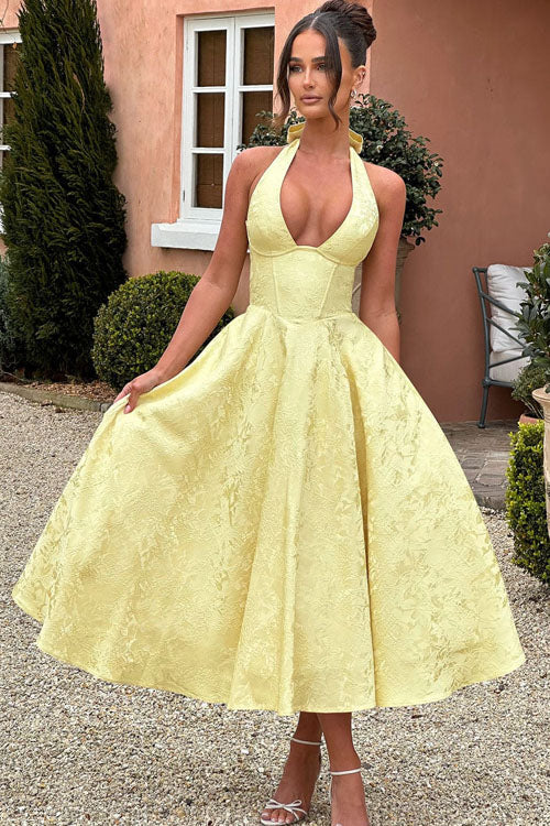Maxi Dress Womens Halter Neck Deep V Full Skirt Textured Wedding Guest