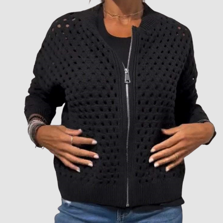 Cardigan Womens Zip Front Open Stitch Mesh Knit Bomber Collar Dropped Shoulder - image 2