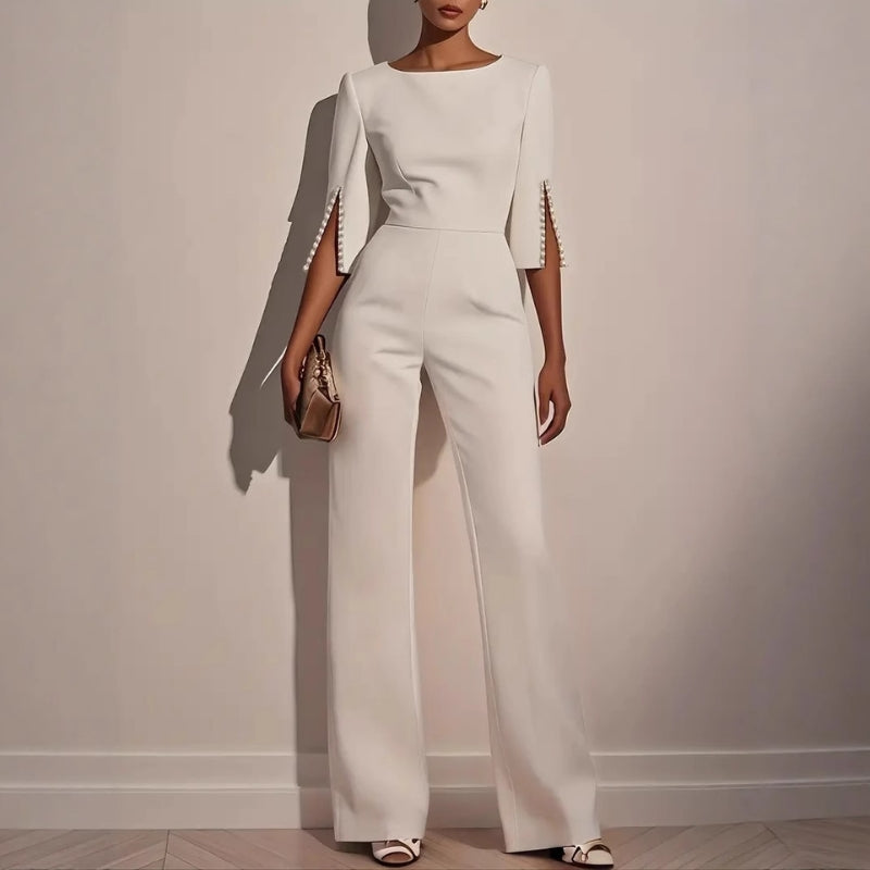 Jumpsuit Womens Wide Leg Pearl Detail Split Sleeve