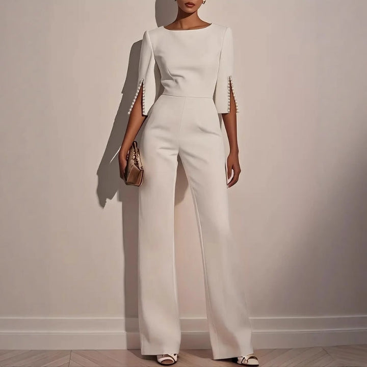 Jumpsuit Womens Wide Leg Pearl Detail Split Sleeve