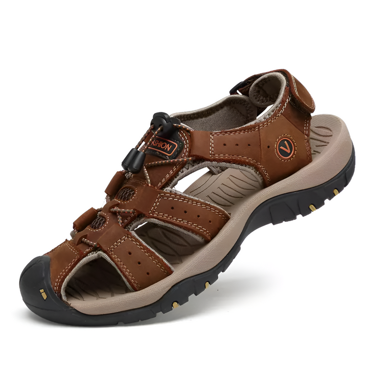 Walking Sandals Mens Closed Toe Toggle Lace Hook and Loop Strap Grippy Sole Leather Look - image 1