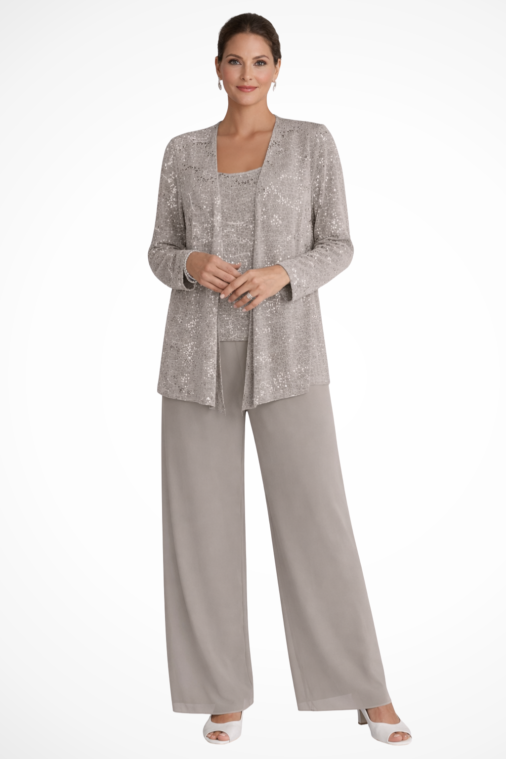 Three Piece Set Womens Sequin Cardigan Top Wide Leg Trousers