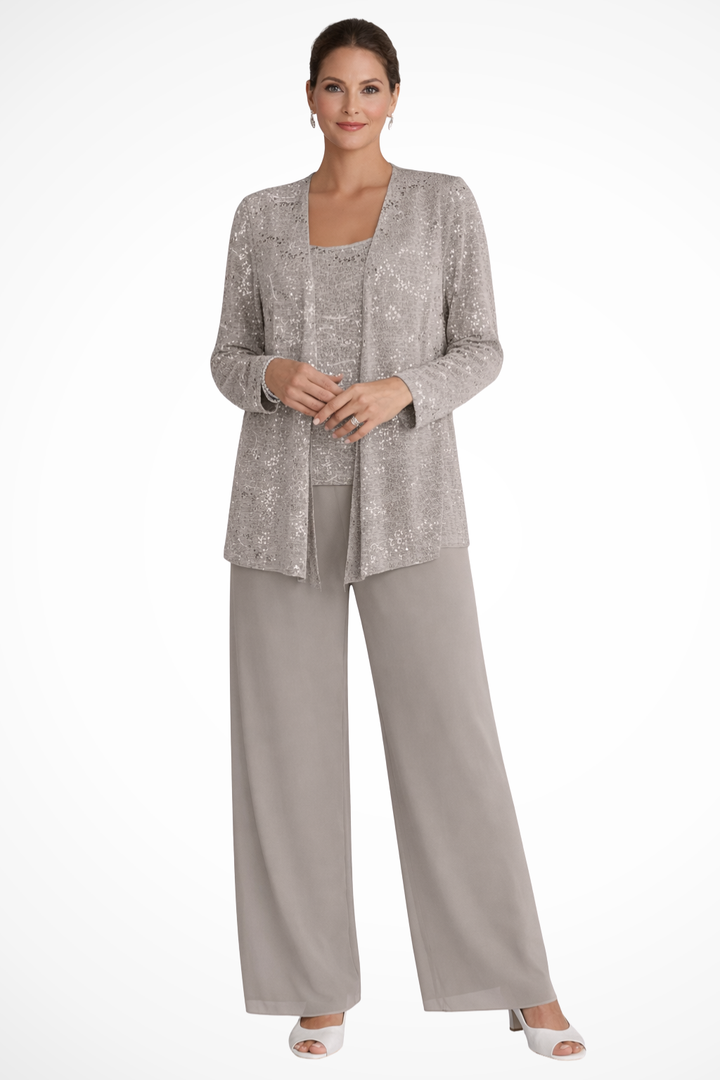 Three Piece Set Womens Sequin Cardigan Top Wide Leg Trousers