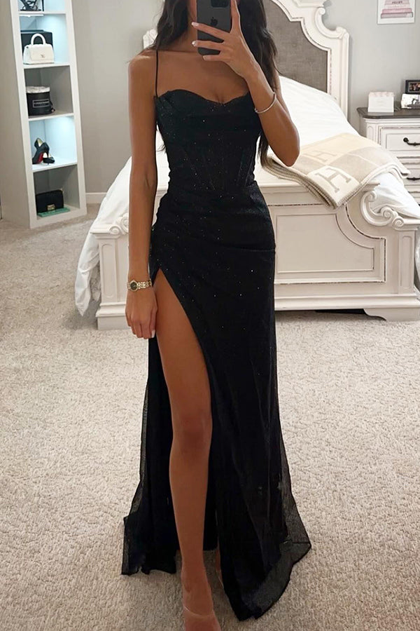 Corset Maxi Dress Womens Glitter Thigh Split Spaghetti Strap Evening Prom - image 3