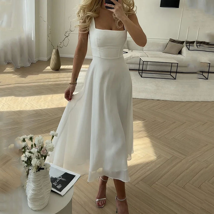 Midi Dress Womens Square Neck Fitted Bodice Full Skirt Wedding Guest