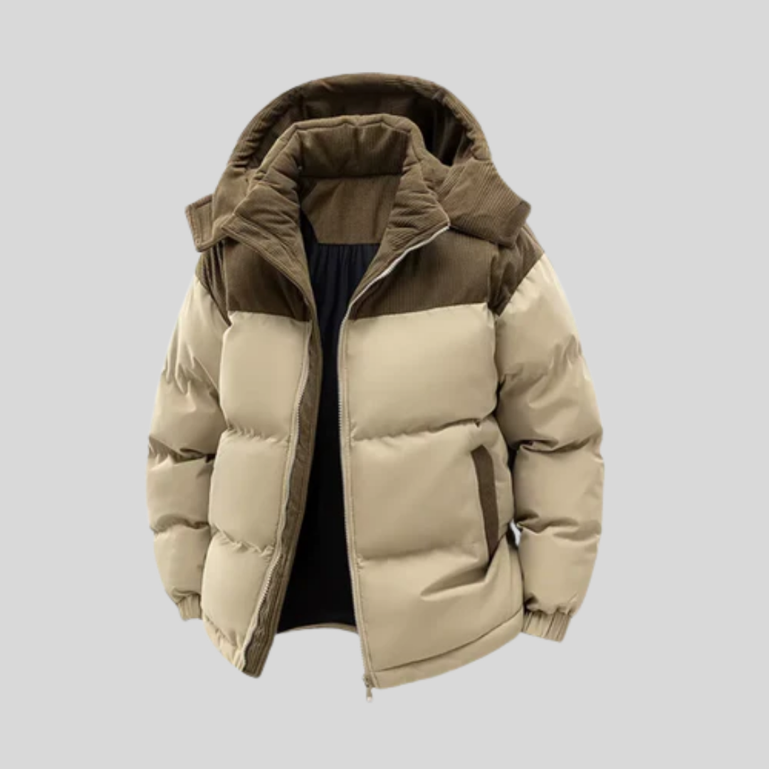 Puffer Jacket Mens Hooded Quilted Padded Corduroy Panel Zip Front Winter Relaxed Fit - image 1
