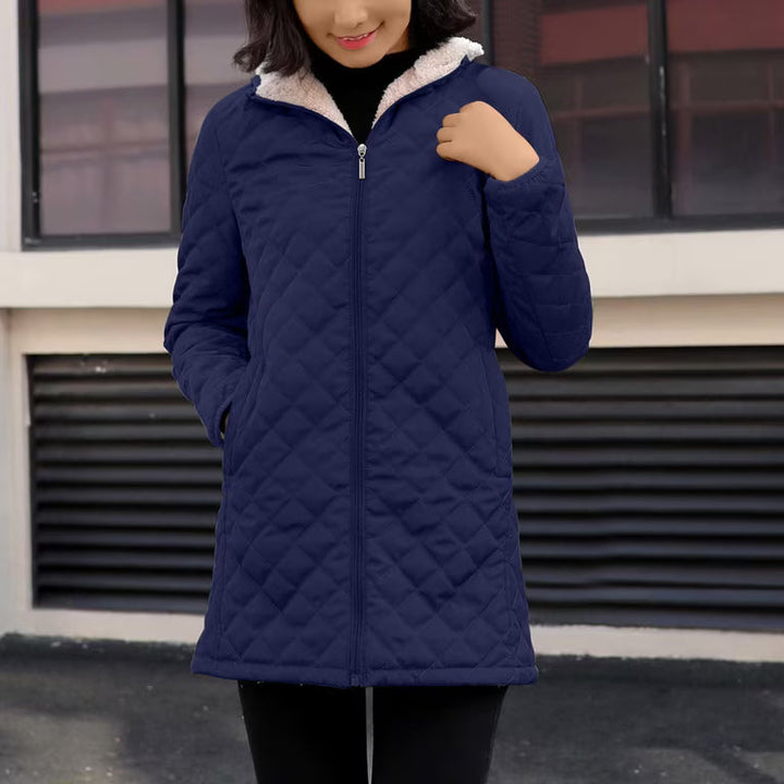 Hooded Quilted Jacket Womens Longline Diamond Quilt Sherpa Lined Hood - image 5