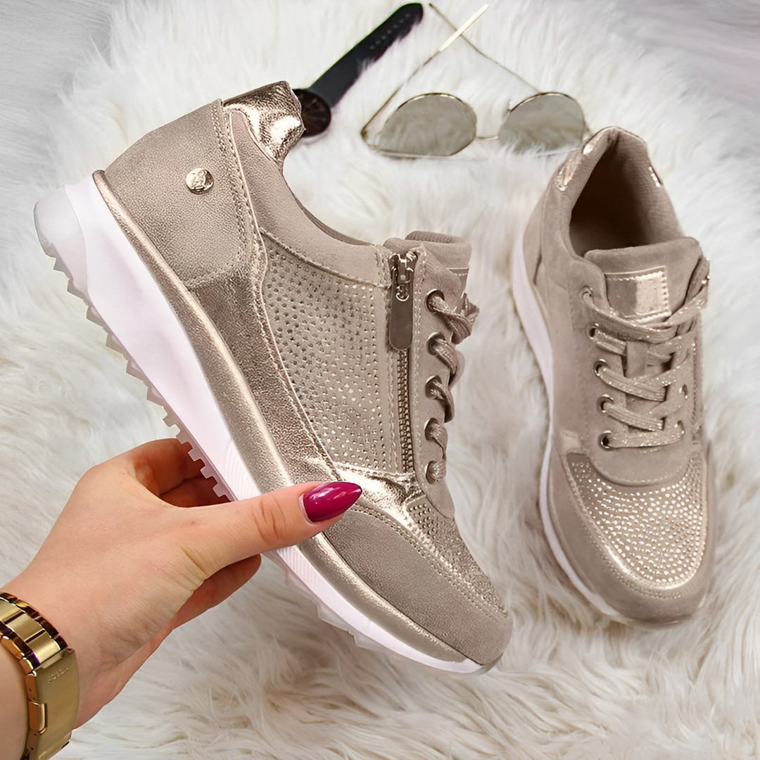 Zip Trainers Womens Wedge Sole Lace Up Sparkle Panel Suede-Look Cushioned - image 6