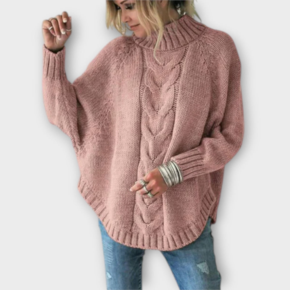 Cable Knit Jumper Womens Batwing Sleeve Funnel Neck Chunky Curved Hem - image 2