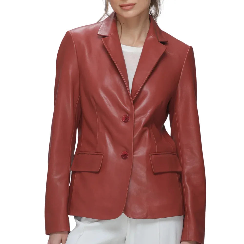 Leather Blazer Womens Notch Lapel Single Button Flap Pockets - image 2