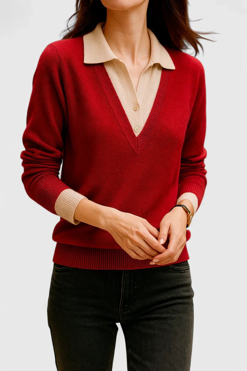 Collared Jumper Womens V Neck Contrast Shirt Collar and Cuffs - image 22