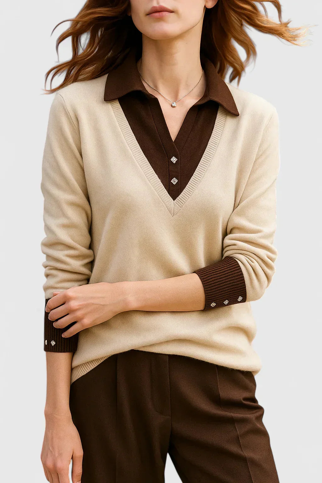 Collared Jumper Womens V Neck Contrast Shirt Collar and Cuffs - image 6
