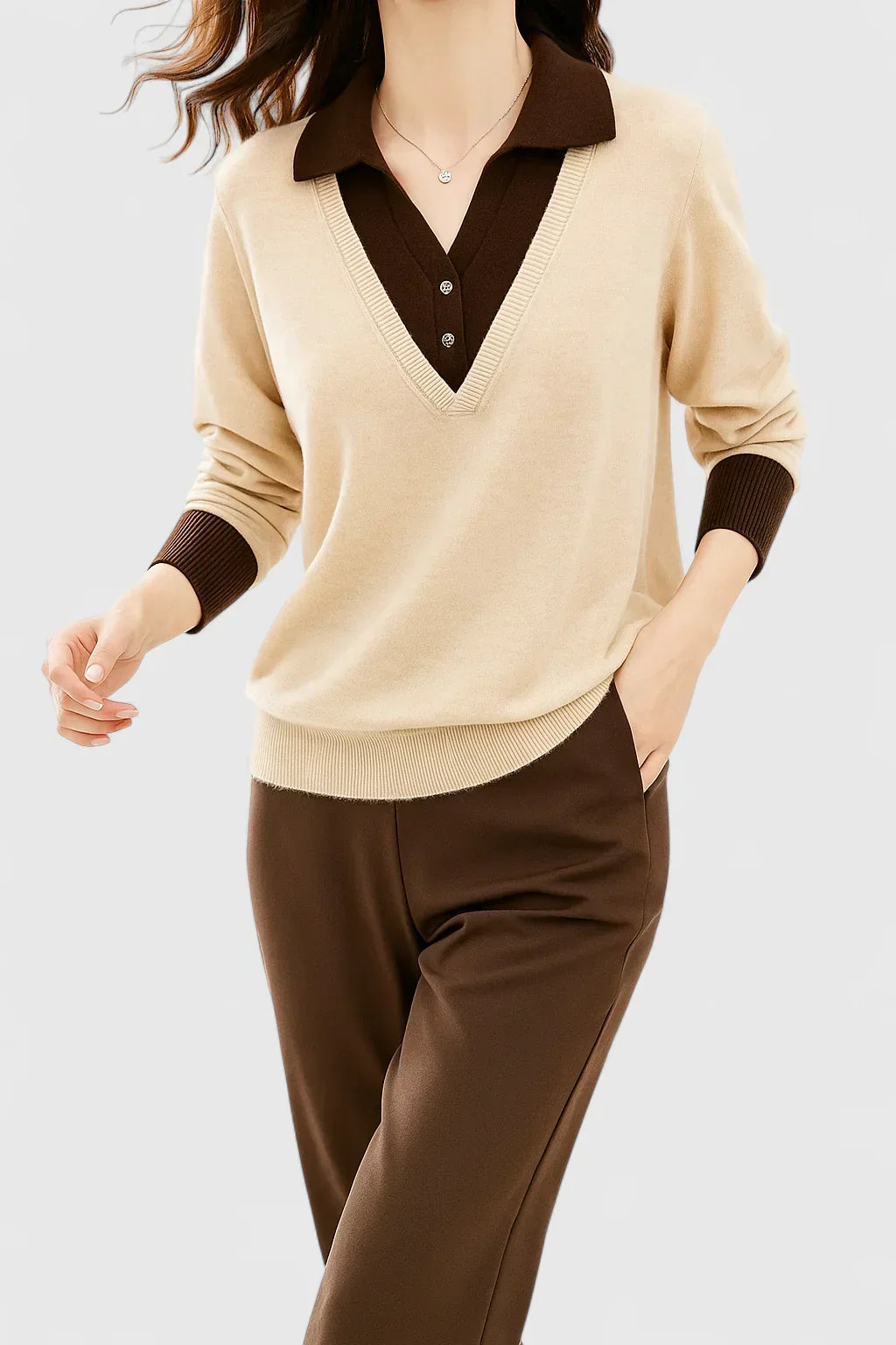 Collared Jumper Womens V Neck Contrast Shirt Collar and Cuffs - image 3