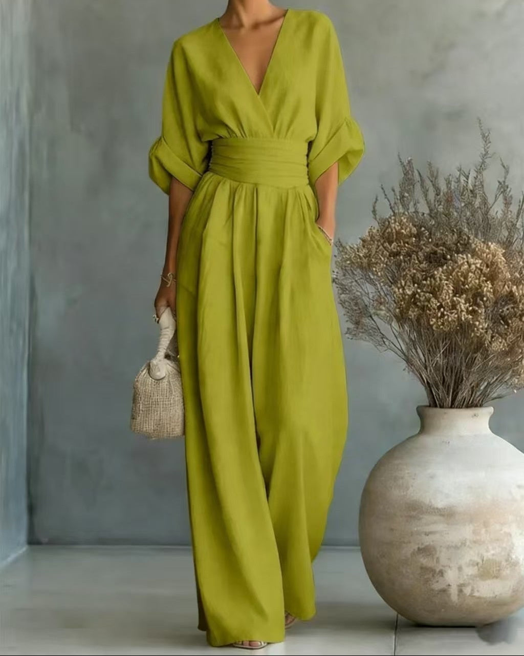 Jumpsuit Womens Wide Leg V Neck High Waist Linen Look Half Sleeve Pockets - image 7