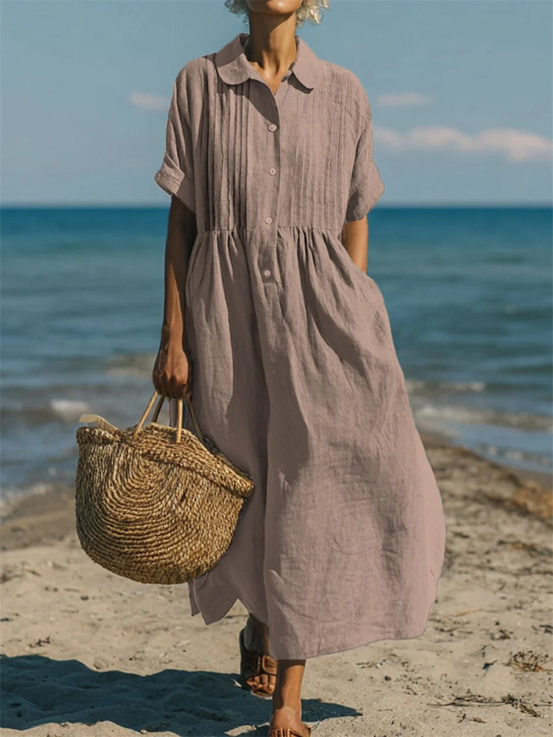 Linen Shirt Dress Womens Collared Pintuck Bodice Short Sleeve Maxi - image 10