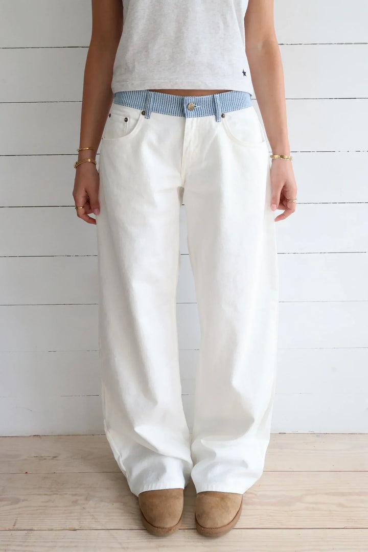 Wide Leg Jeans Womens Contrast Striped Waistband Baggy Mid Rise Five Pocket - image 1