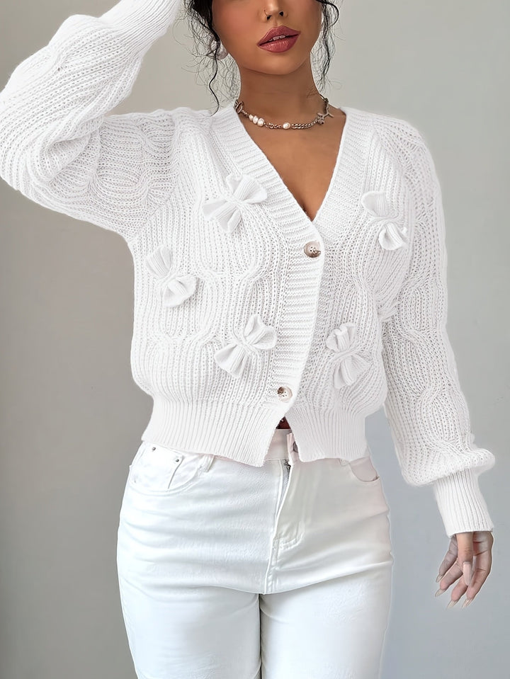 Cropped Cardigan Womens Bow Applique V Neck Button Front Pearl Look Buttons - image 21