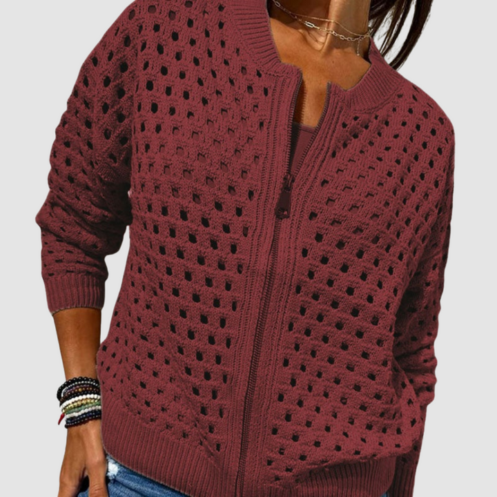 Cardigan Womens Zip Front Crochet Knit Open Stitch Ribbed Collar Hip Length - image 6