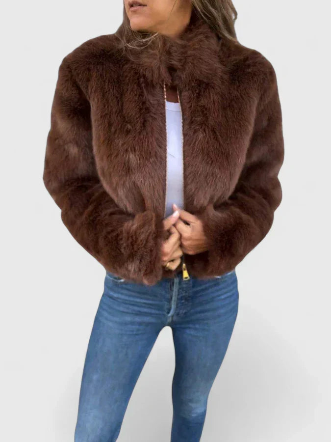 Faux Fur Jacket Womens Cropped Stand Collar Long Sleeve - image 3