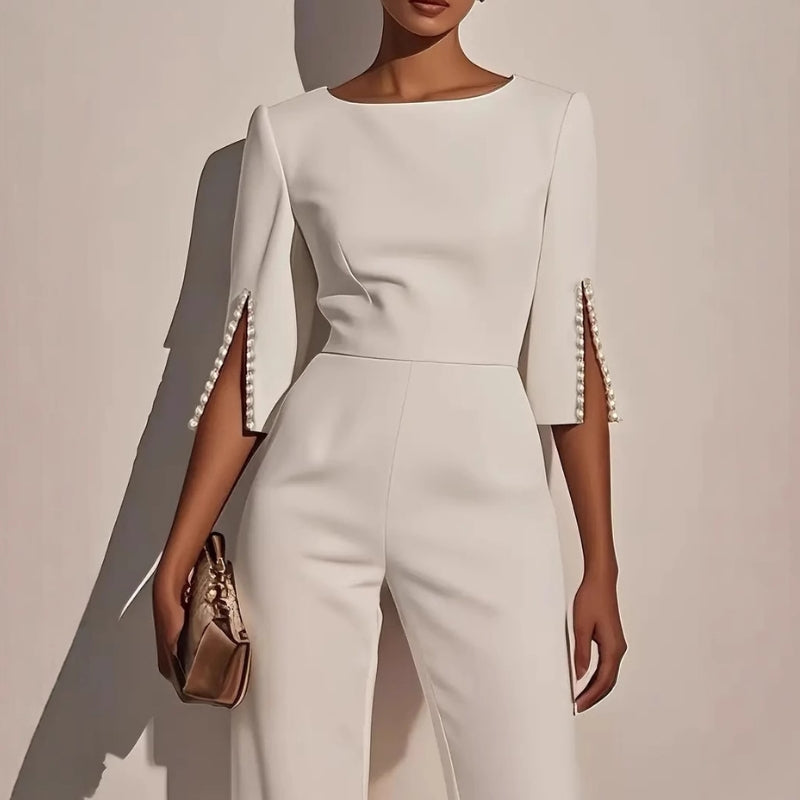 Jumpsuit Womens Wide Leg Pearl Detail Split Sleeve