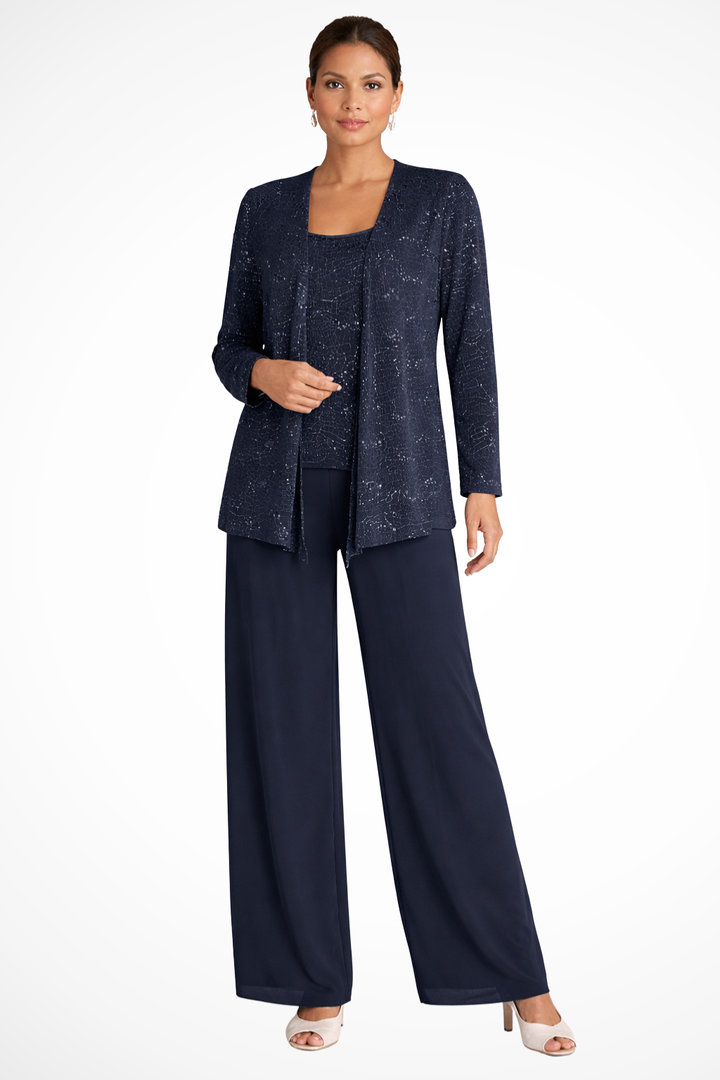 Three Piece Set Womens Sequin Cardigan Top Wide Leg Trousers