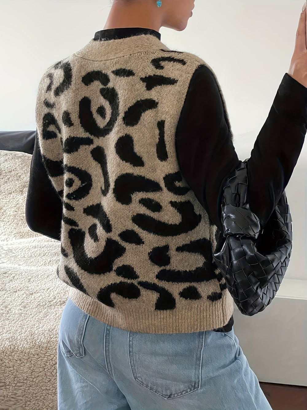 Knit Waistcoat Womens Animal Motif Button Front V Neck Sleeveless Hip Length - image 2