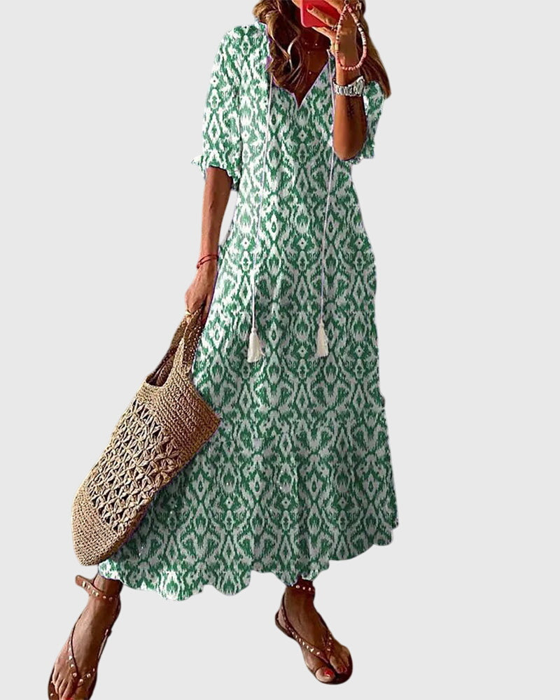 Summer Dress Womens V Neck Boho Print Relaxed Fit
