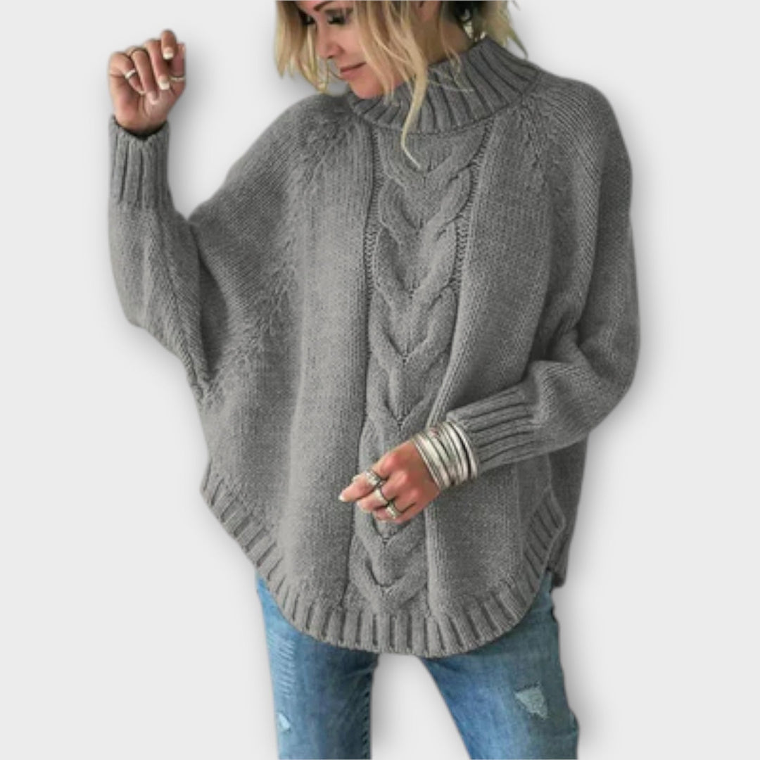 Cable Knit Jumper Womens Batwing Sleeve Funnel Neck Chunky Curved Hem - image 4