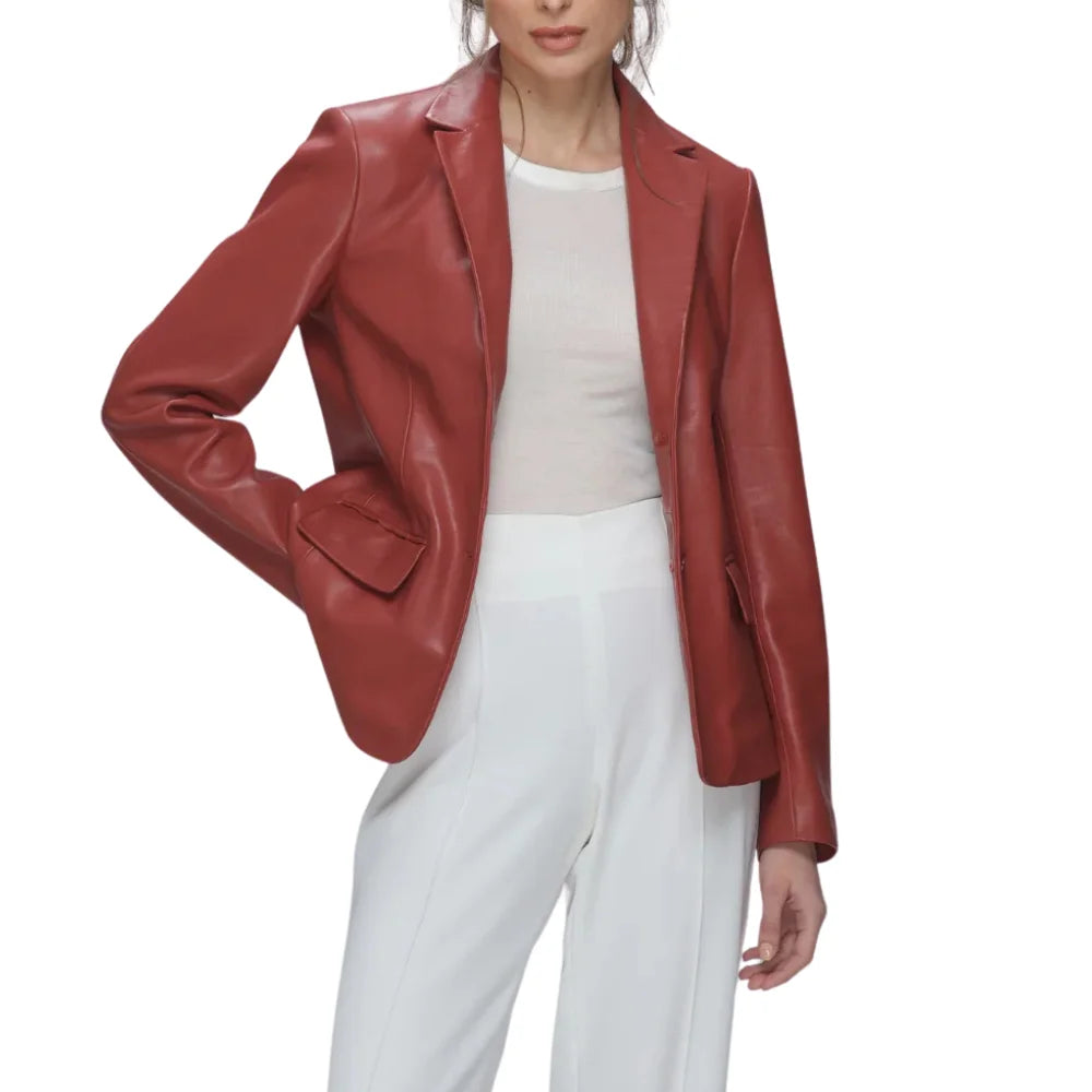 Leather Blazer Womens Notch Lapel Single Button Flap Pockets - image 3