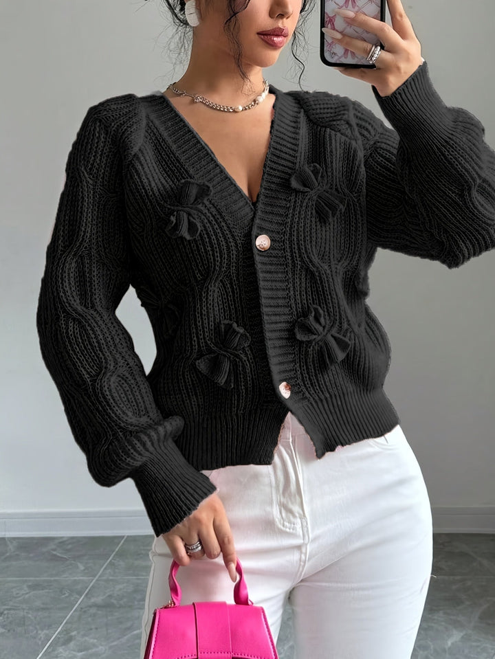 Cropped Cardigan Womens Bow Applique V Neck Button Front Pearl Look Buttons - image 13