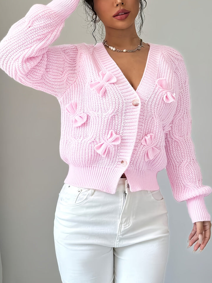 Cropped Cardigan Womens Bow Applique V Neck Button Front Pearl Look Buttons - image 7
