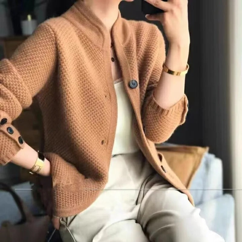 High Neck Cardigan Womens Stand Collar Button Up Waffle Knit Patch Pockets Relaxed Fit - image 2