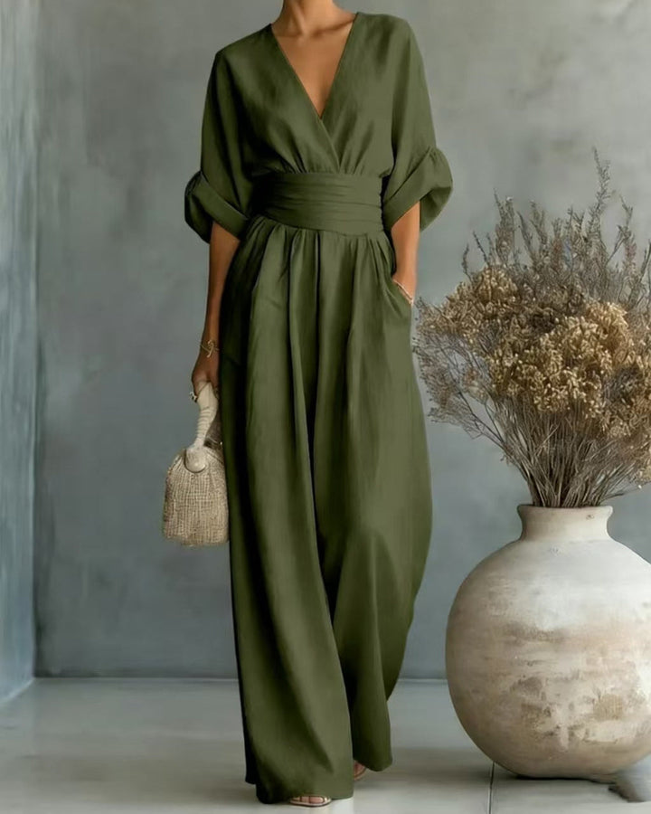 Jumpsuit Womens Wide Leg V Neck High Waist Linen Look Half Sleeve Pockets - image 6