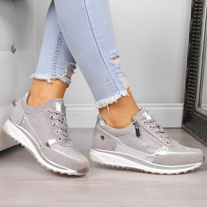 Zip Trainers Womens Wedge Sole Lace Up Sparkle Panel Suede-Look Cushioned - image 2
