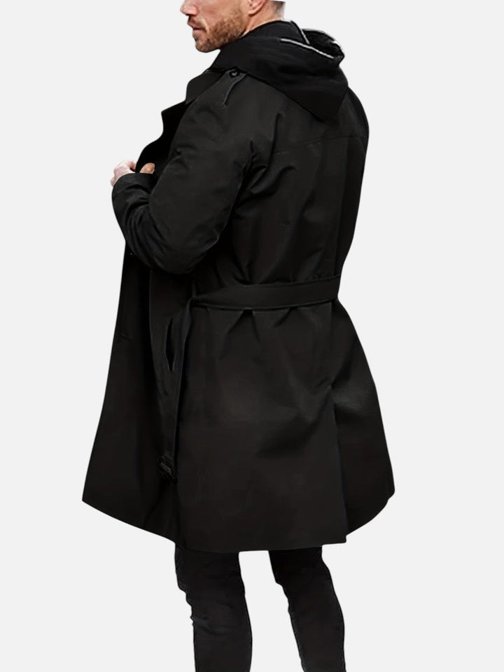 Double Breasted Trench Coat Mens Belted Tie Waist Storm Flap Epaulettes Longline - image 7