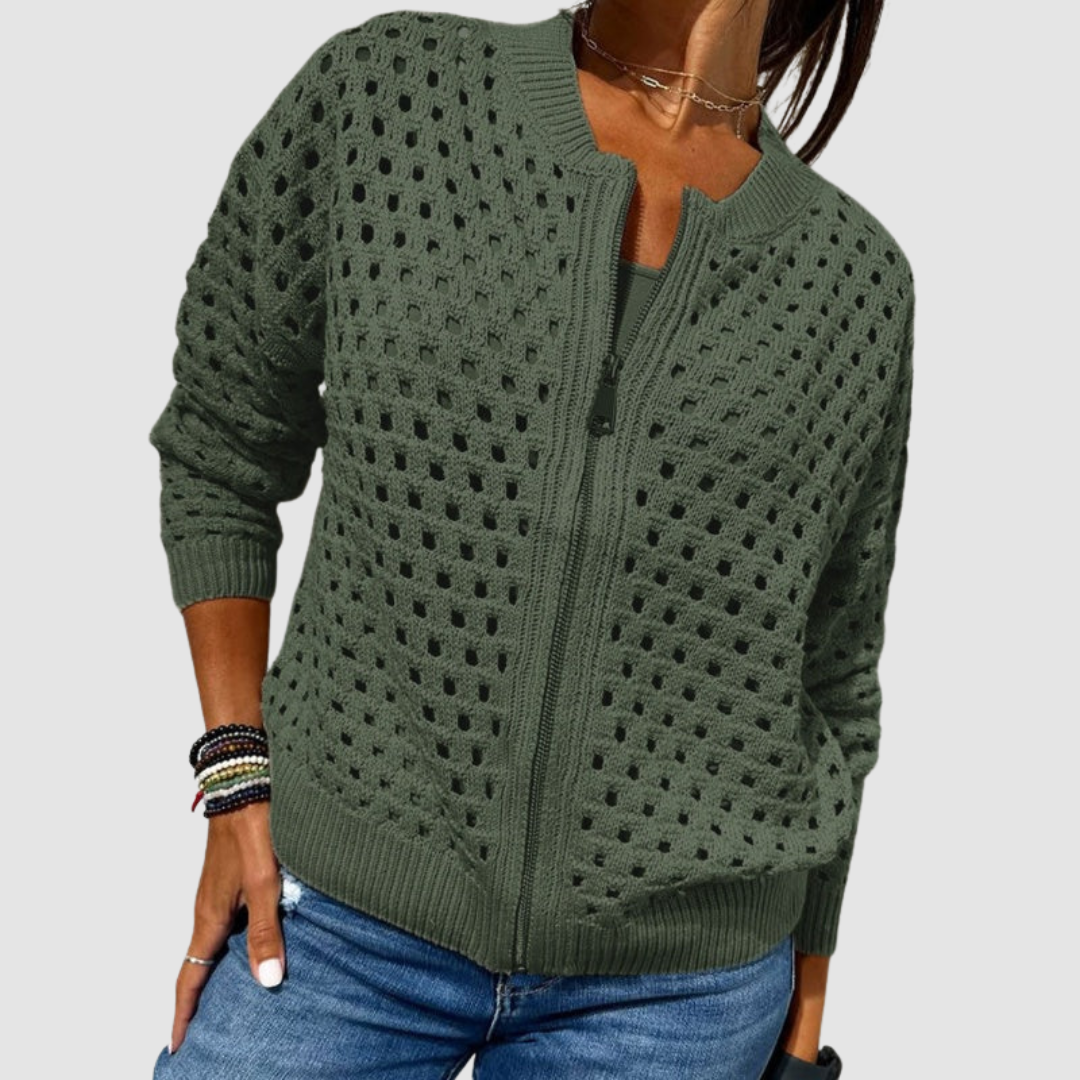 Cardigan Womens Zip Front Crochet Knit Open Stitch Ribbed Collar Hip Length - image 3