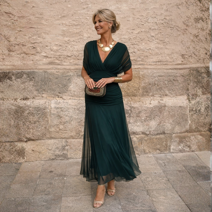 Midi Dress Womens Gathered V Neck Flutter Sleeve Occasion