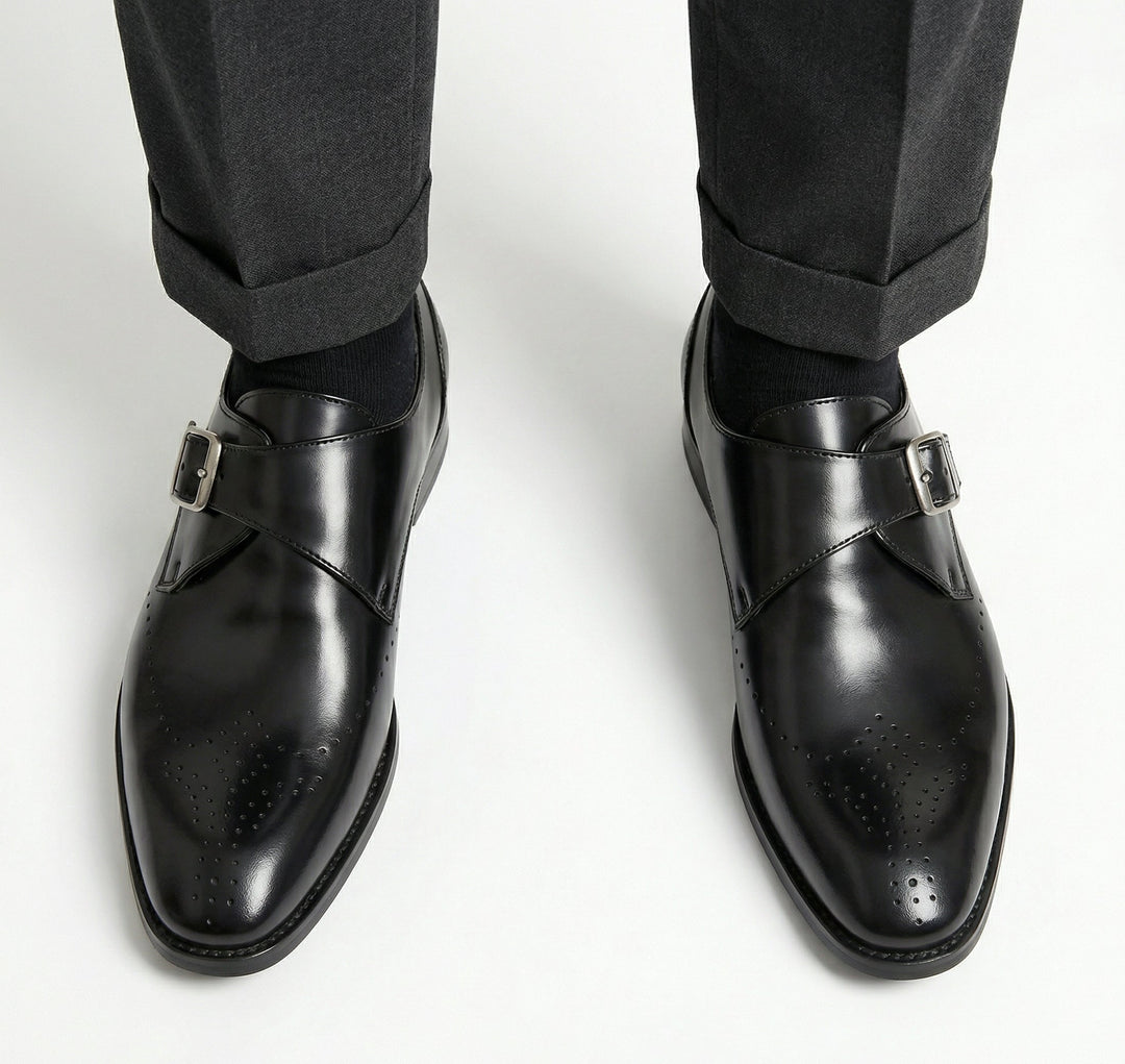 Monk Strap Shoes Mens Single Buckle Brogue Detail Leather-Look Formal Wedding Office - image 3