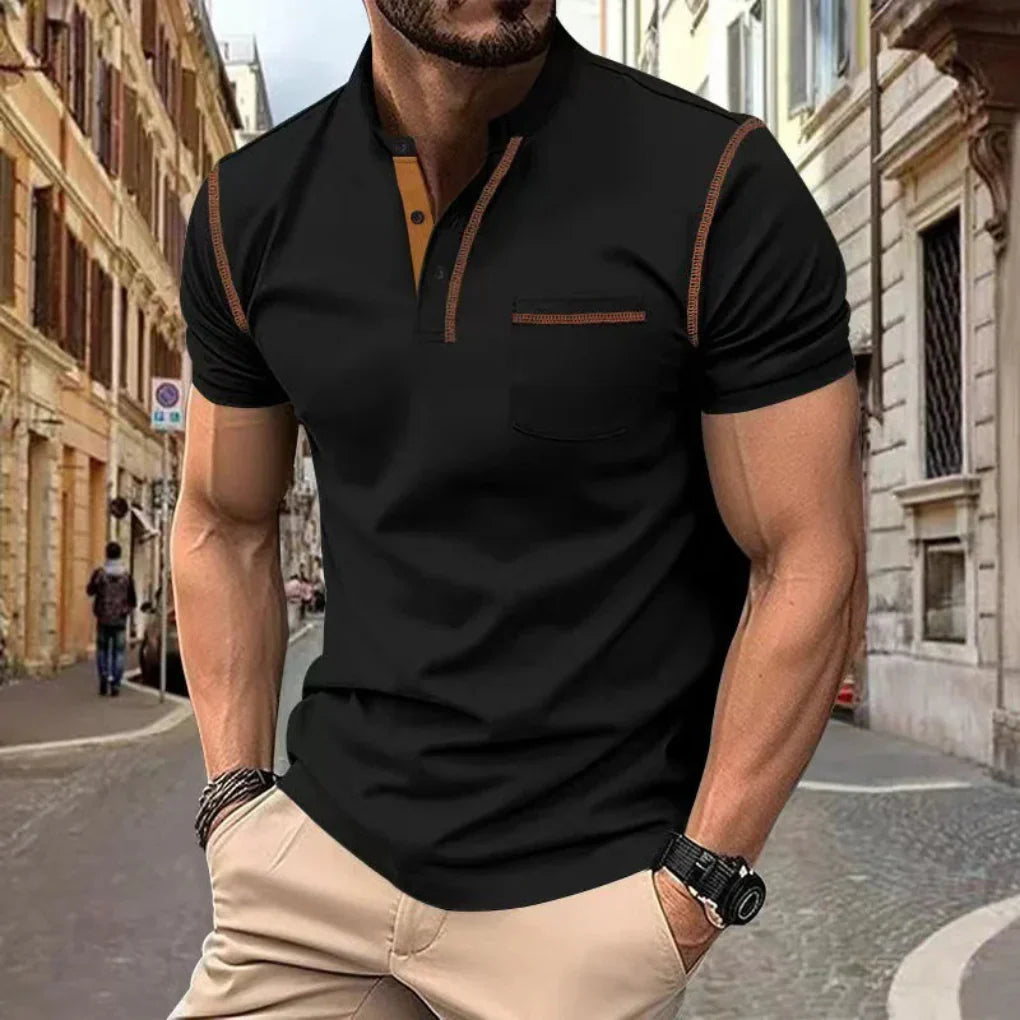 Henley T-Shirt Mens Short Sleeve Grandad Collar Chest Pocket Contrast Stitch - image 1