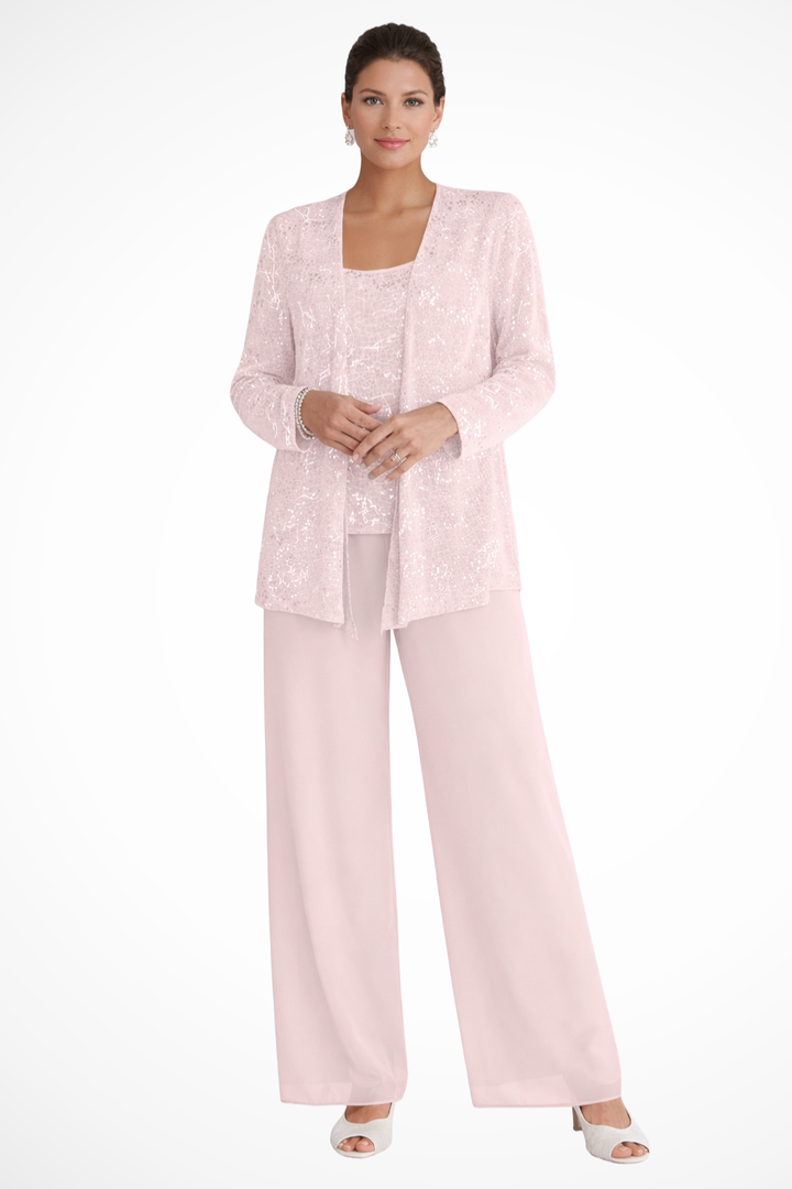 Three Piece Set Womens Sequin Cardigan Top Wide Leg Trousers